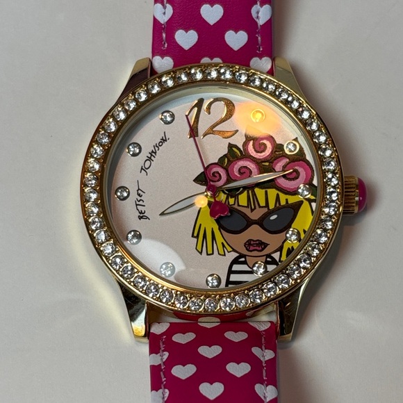 Betsey JohnsonXOXO Betsey Rhinestone Watch with Pink Hearts Band - Picture 1 of 7
